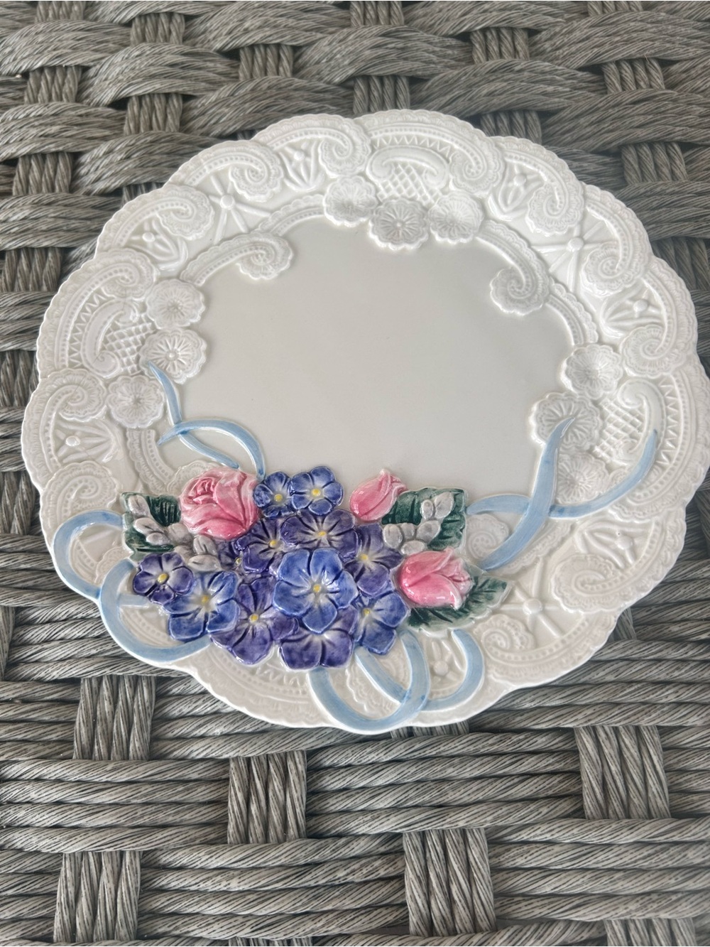 Fitz and Floyd White Plate with Purple and Pink Floral Relief collectible